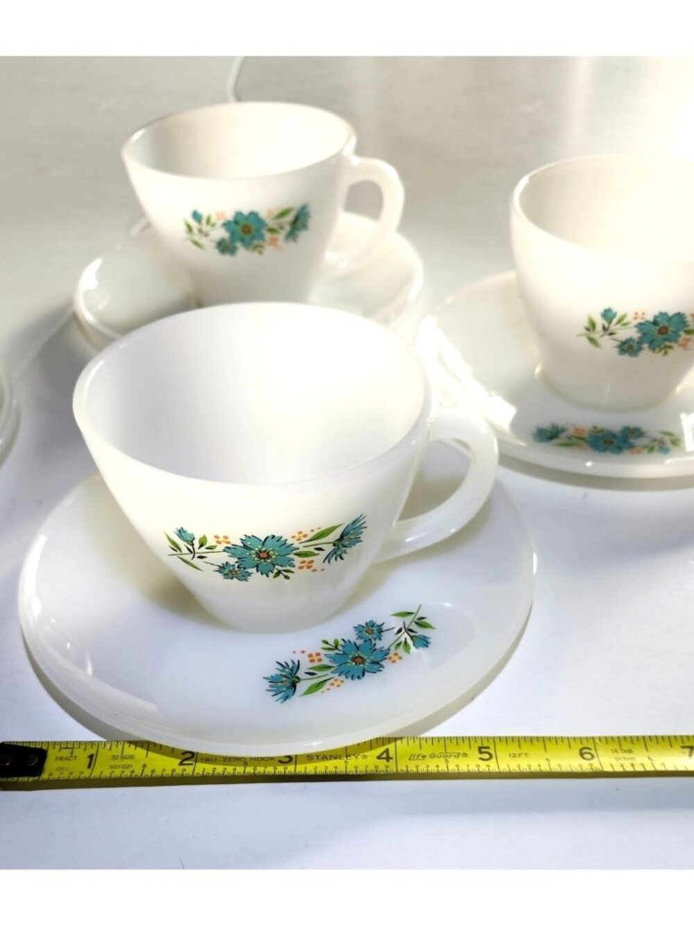 Vintage Fire-King Milk Glass Bonniie Blue Carnations Teacup & Saucer Set (4) - Picture 8 of 11